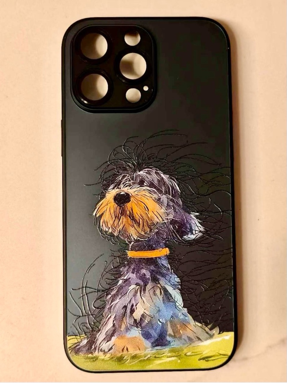 Black Dog Art Phone Case with Yellow Collar Design for iPhone 16 Pro Max